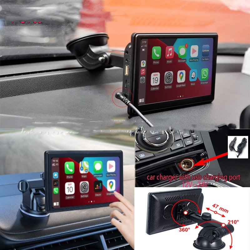 7-Inch Wireless CarPlay Android Auto Screen - Dashboard 7-inch portable wireless CarPlay and Android Auto screen mounted on a vehicle dashboard