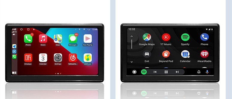 7-inch portable screen showing Apple CarPlay and Android Auto interfaces
