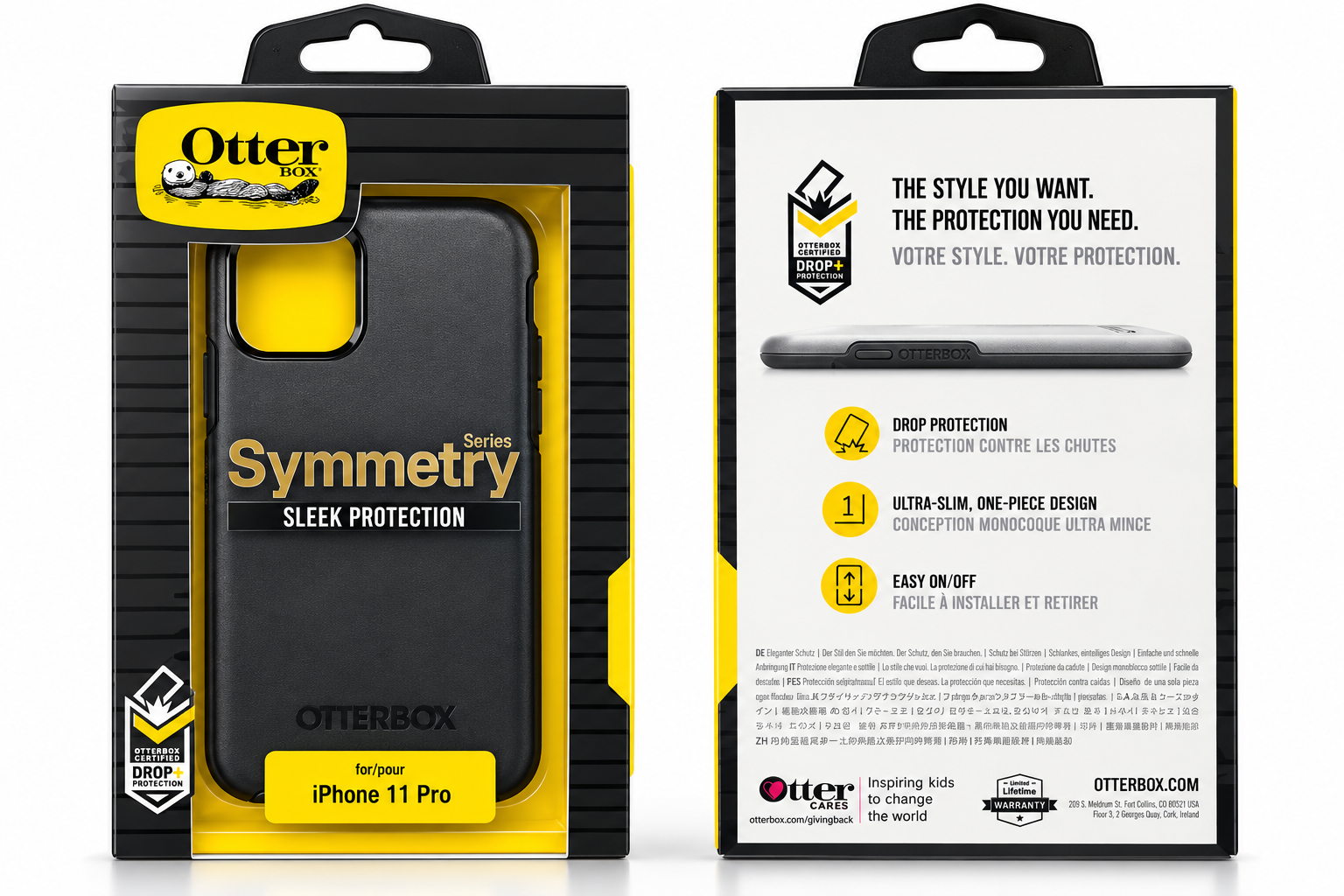 Front and back of OtterBox Symmetry packaging for iPhone 11 Pro