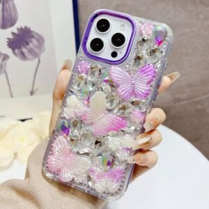 iPhone 17 Floral Butterfly Bling Hybrid Case – Purple