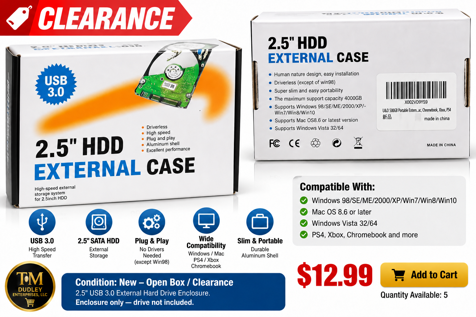 2.5-inch USB 3.0 external case clearance product image 2.5-inch USB 3.0 external hard drive case clearance listing, enclosure only, $12.99