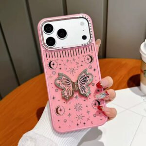 iPhone 17 Pro Max Metallic Butterfly Shiny Case – Pink