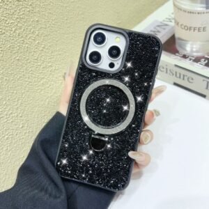 iPhone 17 Crushed Diamond Kickstand Case – Black
