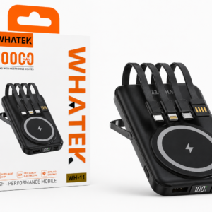 Whatek 10000mAh Magnetic Power Bank with Cables & Stand – Black