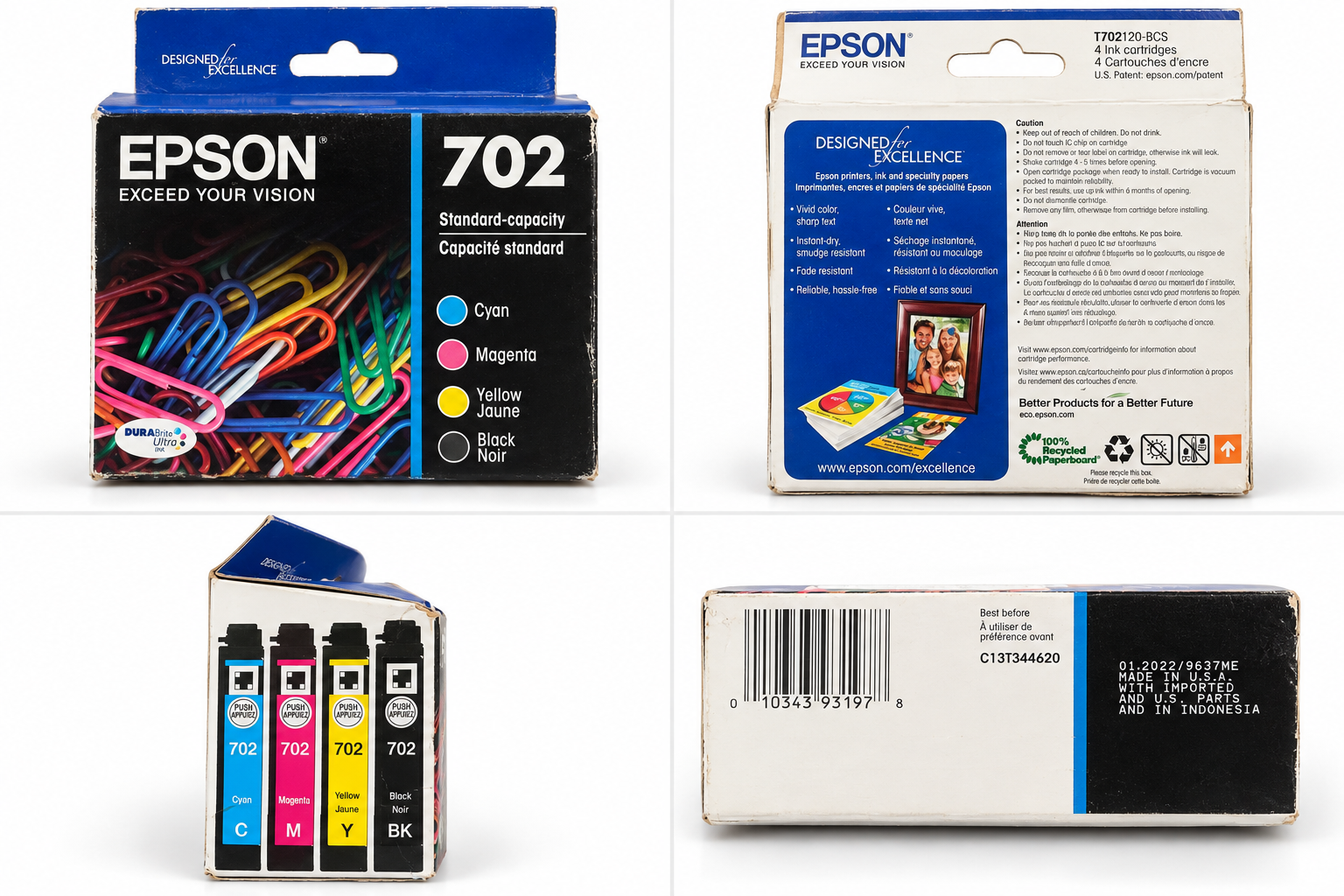 Epson 702 Standard Capacity 4-Pack Professional Product Image Professional Epson 702 four-pack product image showing box front, back, side and best-before 01/2022