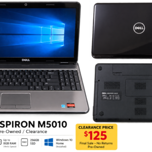 Pre-owned Dell Inspiron M5010 laptop with 8GB RAM, 256GB SSD and charger included