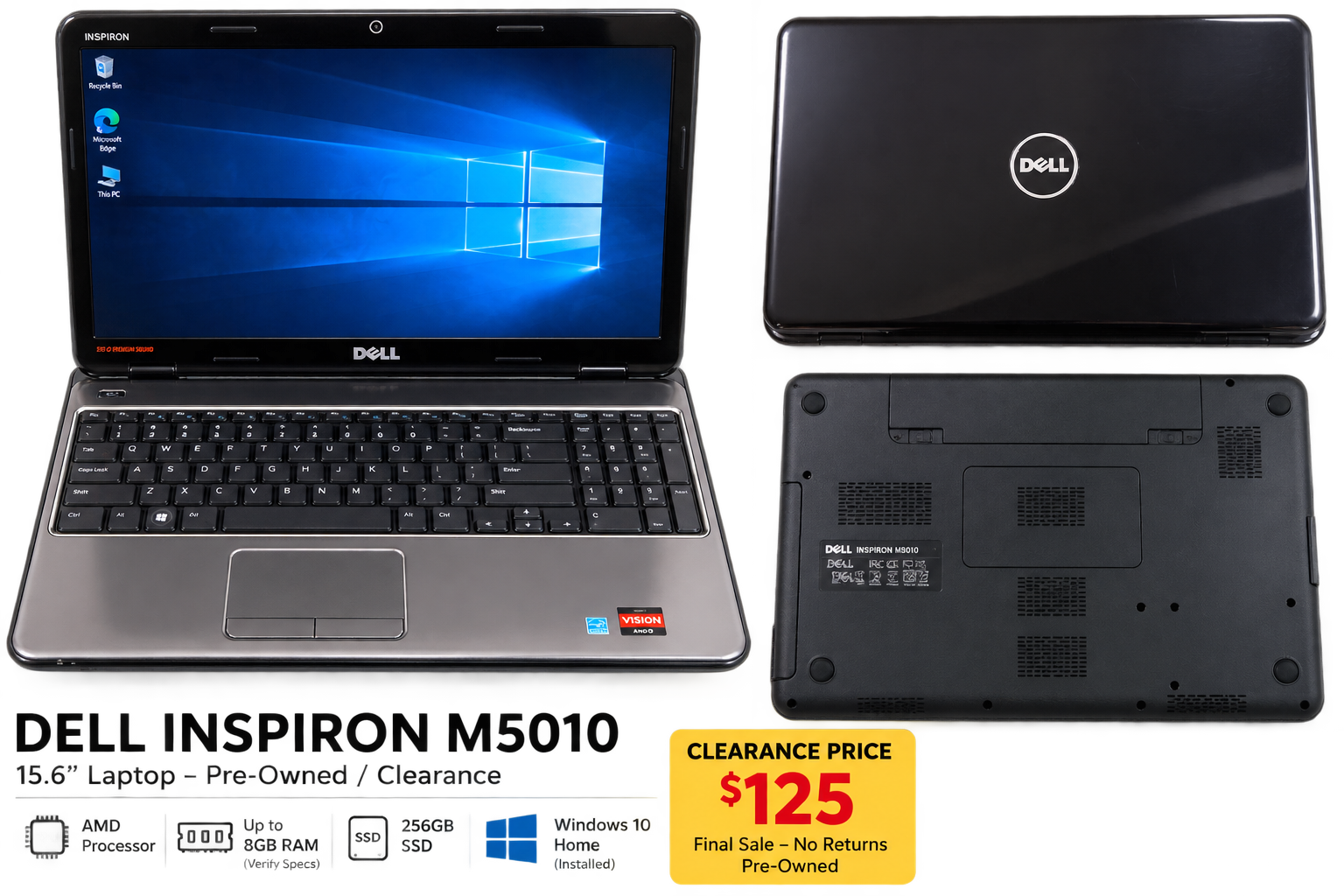 Dell Inspiron M5010 Clearance Laptop Pre-owned Dell Inspiron M5010 laptop with 8GB RAM, 256GB SSD and charger included